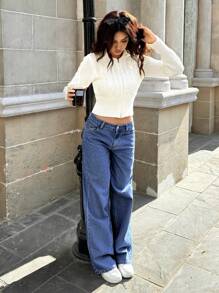 Forever 21 Women's Washed Dark Blue Loose Wide Leg Casual Jeans With Pockets