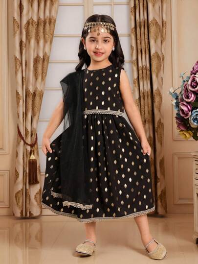 SHEIN 2 piezas de elegante vestido de noche modesto para niñas jóvenes, negro con estampado de lámina de oro