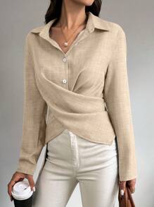 SHEIN LUNE Blus Kasual Wanita Warna Polos dengan Kerah, Kancing Depan, Atasan Lengan Panjang, Pakaian Musim Gugur untuk Wanita - Khaki - View 5