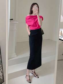 DAZY Casual Solid Color Asymmetrical Ruched Collar T-Shirt,Crop Tops Women - Hot Pink - View 4