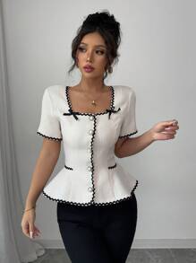 Elenzga Women Square Collar A-Line Bowknot Frill Short Sleeve Blouse, Spring/Summer - Apricot - View 4