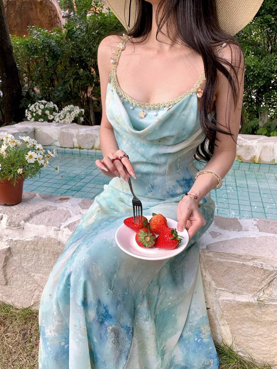 DAZY 女士束腰吊带A字连衣裙，优雅法式沙滩夏季连衣裙，休闲女士复活节游轮装扮 - 綠色 - 查看 1