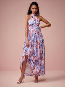 Enchnt 女士优雅花卉印花露背吊带连衣裙 - 藍色 - 查看 3