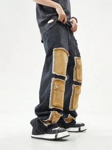 ROMWE MEN Street Life Men's Cargo Loose Fit Casual Jeans With Multiple Pockets - Black - View 3