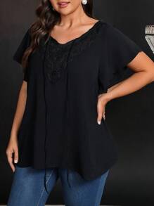 SHEIN LUNE Plus Size Women V-Neck Black Ruffle Tie-Up Bow Raglan Sleeve Casual Loose Short Sleeve Blouse Cooling Dress Stress Relief Outfit Evening Long Gown Elegant Fashion Women Lounge Summer Outfits For Women St. Patrick Day Rave Outfits Festival Spring Break Outfits Saint Patrick Boho