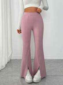 Muchica Women High Waist Solid Color Casual Versatile Flared Pants With Side Slit - Dusty Pink - View 1