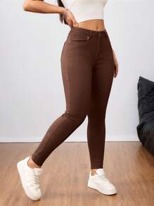 SHEIN Tall Women's Plain Simple Jeans, Fashionable For Summer - Coffee Brown - View 3