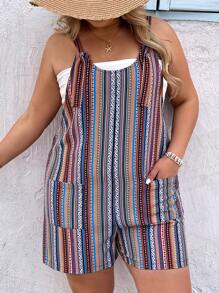SHEIN VCAY Combi-short ample coloré à rayures, col rond, cordon de serrage et poches pour vacances décontractées, tenues d'été pour femmes, plage, vêtements d'été, tailles plus - Multicolore - Voir 1