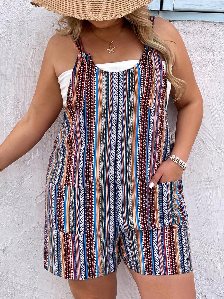 SHEIN VCAY Combi-short ample coloré à rayures, col rond, cordon de serrage et poches pour vacances décontractées, tenues d'été pour femmes, plage, vêtements d'été, tailles plus - Multicolore - Voir 1
