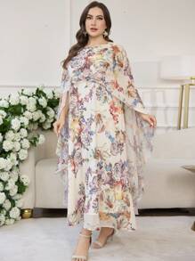 Modelyn Plus Size Floral Print Chiffon Elegant Dress - Multicolor - View 3