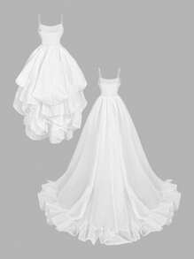 SHEIN MOD Bianco,Estivo,Elegante,Abito da donna per invitata a matrimonio,Abito corto davanti e lungo dietro con lunghezza regolabile,Outfit da vacanza e spiaggia,Abito per Mardi Gras e laurea - Bianco - Visualizzare 7