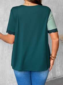 SHEIN LUNE Camiseta casual de talla grande para mujer con cuello en V, en patchwork y encaje