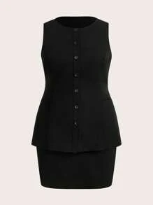 Comfortcana Conjunto de 2 piezas de talla grande para primavera/verano - Chaleco sin mangas largo + Minifalda - Negro - Ver 1