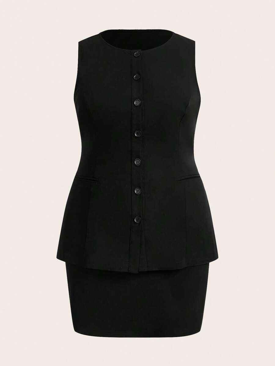 Comfortcana Conjunto de 2 piezas de talla grande para primavera/verano - Chaleco sin mangas largo + Minifalda - Negro - Ver 1