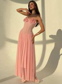 Aloruh Romantic Strapless Floral Decor Form-Fitting Long Dress For Ladies - Baby Pink - View 5