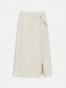 Maija 春夏新款杏色金属链条装饰女裙都市摩登优雅无袖日常休闲通勤适合外出度假节日聚会婚礼约会