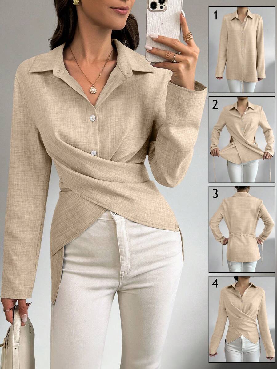 SHEIN LUNE Blus Kasual Wanita Warna Polos dengan Kerah, Kancing Depan, Atasan Lengan Panjang, Pakaian Musim Gugur untuk Wanita - Khaki - View 1