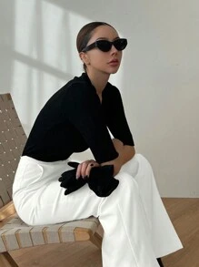 DAZY 女士修身加长喇叭裤 女士正装裤 - 米色 - 查看 4