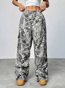 Coolane 女式春夏复古街头嘻哈迷彩运动阔腿贝吉树图案长裤 - 黑與白 - 查看 3