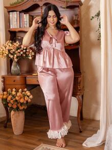Côtesoire Plus Size 3D Ruffles Patchwork Cap Sleeve Color Matching Pajama Set