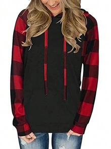 女式格子插肩袖长袖抽绳连帽运动衫，秋冬套头衫 - 彩色 - 查看 1