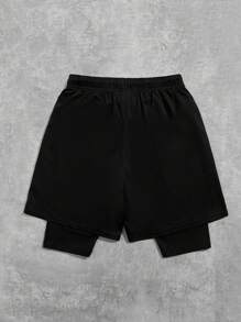 SHEIN 1 pieza Pantalones cortos versátiles y casuales con doble capa, con estampado de cruz y eslogan, con cordón en la cintura, para niños adolescentes. Regalo para esposo, novio. Ropa para niños adolescentes, chaquetas de primavera para vuelta al colegio