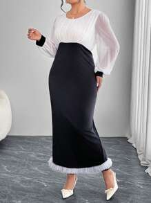 Modelyn Plus Size Chiffon Ruched Colorblock Elegant Dress - Black and White - View 6