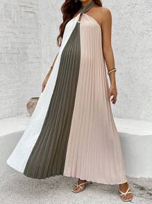 SHEIN Maternity Open Back Halter Neck Colorblock Pleated Dress - Multicolor - View 7