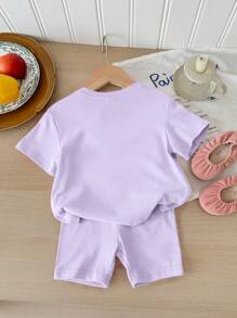 SHEIN Leap Crew Baby Girl Casual Minimalist Short Sleeve & Shorts Set, Suitable For Summer - Mauve Purple - View 2