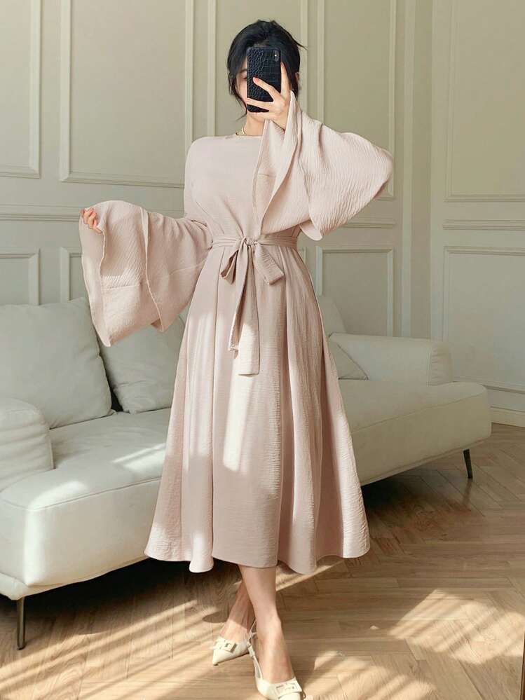 DAZY Vestido de longitud media con cuello redondo, mangas acampanadas y cintura marcada en unicolor para mujer. Vestido de fiesta, con volantes, vestido de boda, vestido de otoño de manga larga, vestido elegante para mujer, vestido largo tipo maxi - Beis - Añade 7