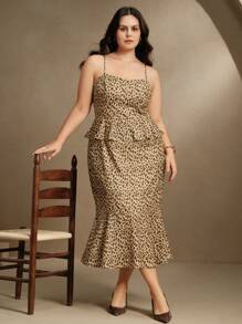 Anewsta 女式大码荷叶边吊带背心豹纹卡其色吊带背心连衣裙夏季女装 - 卡其色 - 查看 1