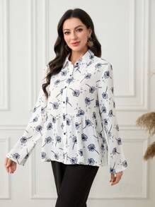 Seusyu 女士蒲公英印花翻领纽扣拼布长袖衬衫