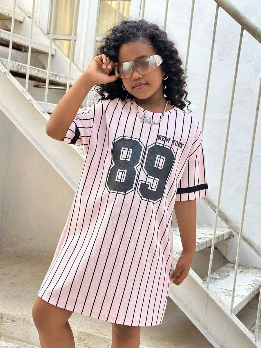 SHEIN Tween Girls Street Style Stripe Knit Round Neck Loose Casual Short Sleeve Dress