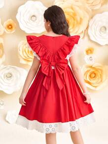 SHEIN Tween Girl Elegant Lace Trim Ruffle Collar Short Sleeve Dress - Red - View 2