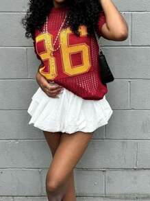 INAWLY Women Numeric Pattern Round Neck Short Sleeve Knitted Top - Red - View 3