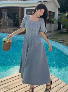 DAZY Women's Vacation Casual Puff Sleeve Waist Cinched Denim Dress