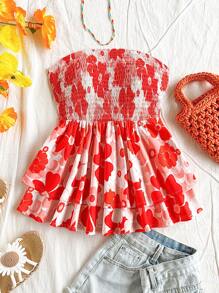 Soleia Bunter Blumenprint Crop Top mit geraffter Taille und gestuftem Saum, geeignet für Urlaub, Date, Nachmittagstee, Urlaub, Musikfestival, Boho-Stil