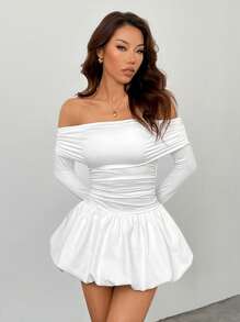 SHEIN PETITE Women's Solid One-Shoulder Long Sleeve Ruffle Hem Mini Dress For Spring & Autumn
