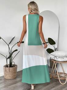 EMERY ROSE Women Contrast Color Round Neck Casual Sleeveless Dress - Green - View 2