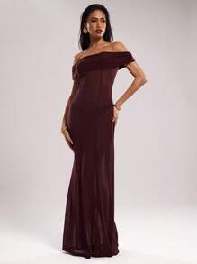 SHEIN BAE Vestido largo de gasa con hombros descubiertos y abertura lateral transparente, para conjunto de verano de playa, vacaciones, vestidos de verano para mujer, ropa de playa, vestidos de playa para mujeres, conjuntos de 2 piezas, ropa occidental para mujer, cubiertas de playa occidentales para trajes de baño, vestidos largos para mujeres