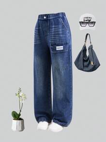 SHEIN Tween Boy Letter Print Cargo Pocket Wide Leg Jeans Cute Baggy Jeans Blue Jeans Baggy Baggy Jeans Girl Baggy Jeans With Design Cheap Baggy Jeans - Blue - View 3