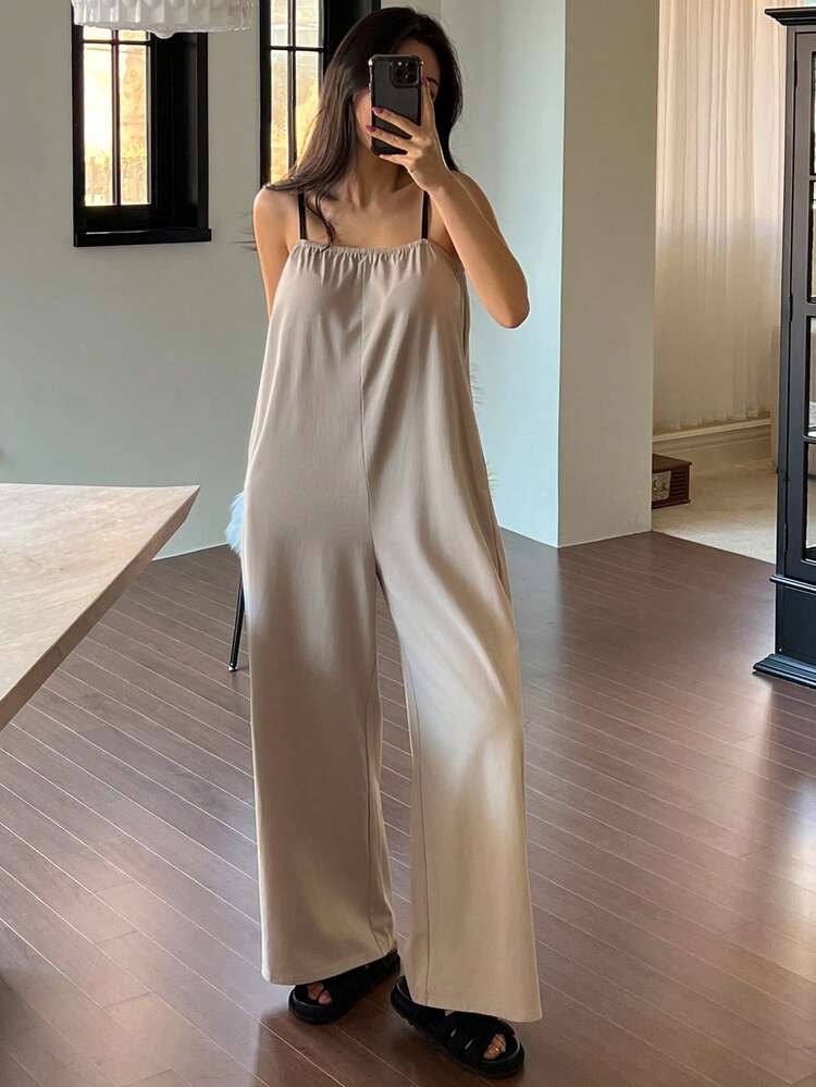 Minimalist Solid Color Wide Leg Contrast Strap Women Jumpsuit Pajamas