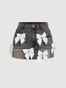 SHEIN MOD 女士蝴蝶结装饰口袋短款牛仔 A 字裙