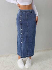 SHEIN Tall 女士牛仔半身裙休闲宽松侧开叉蓝色中裙高腰女裙浅蓝色短裙蓝色裙子冬季女装 - 深色水洗藍 - 查看 6