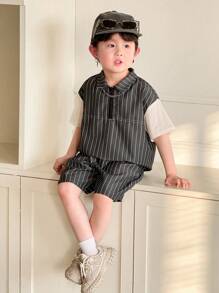 SHEIN Leap Crew 2 Packs Young Boys Boys' Casual Sports College Art Retro Japanese And Korean Loose-Fitting Striped 2 In 1 T-Shirt And Shorts Set Suitable For Kids Outfits Young Boy Clothes Back To School Boys Set Suitable For Birthday Parties, Evening Parties, Performances, Weddings, Baptisms, Opening Ceremonies, Daily Suitable For Daily Use Suitable For School Suitable For Travel Suitable For Sports Suitable For Spring And Summer Seasons - Black - View 8