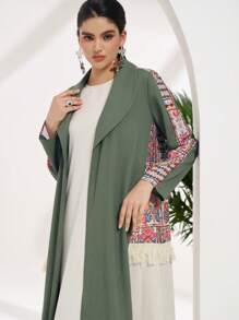 Al Najma Conservative Casual Color Block Print Patchwork Tassel Decorated Women's Arabian Abaya, Modest Robe - Green - View 5