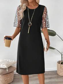 EMERY ROSE Women's Patchwork Pentagram Mesh Short Sleeve Straight Midi Dress Summer Dresses For Women - Black - View 3