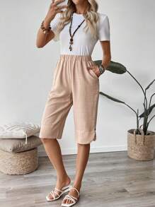 EMERY ROSE 女士休闲乡村风格纽扣装饰亚麻中长裤夏季 - 卡其色 - 查看 5