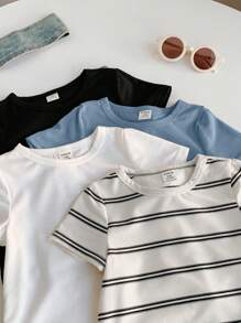 SHEIN Bộ 4 món áo thun dài tay kẻ sọc co giãn dễ thương thường ngày đa năng cho bé trai/bé gái, thích hợp mặc trong nhà và ngoài trời vào mùa xuân và mùa hè - Nhiều màu - Xem 5