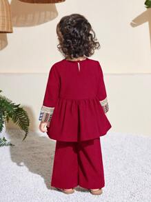 SHEIN Baby Girl Cute Retro Burgundy Long Sleeve Top & Elastic Waist Pants 2pcs Set, Spring/Summer